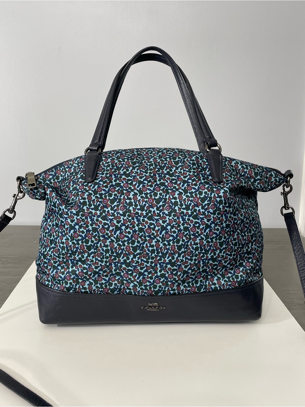 Coach Navy Floral Convertible Shoulder Satchel with Black Trim